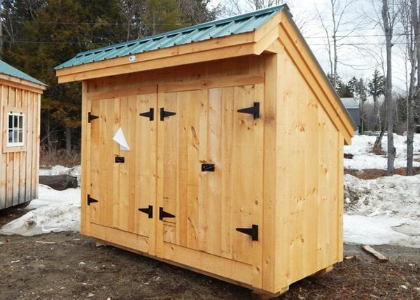 4x10 Garbage Shed with evergreen metal roof, pine siding and two sets of double doors