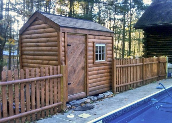 6x8 Nantucket poolhouse with log cabin siding and asphalt shingle roof
