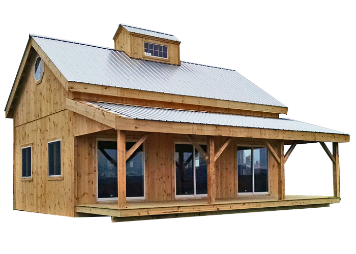 Vermont Cabin with a built in porch, custom decorative cupola, and sliding glass doors. 