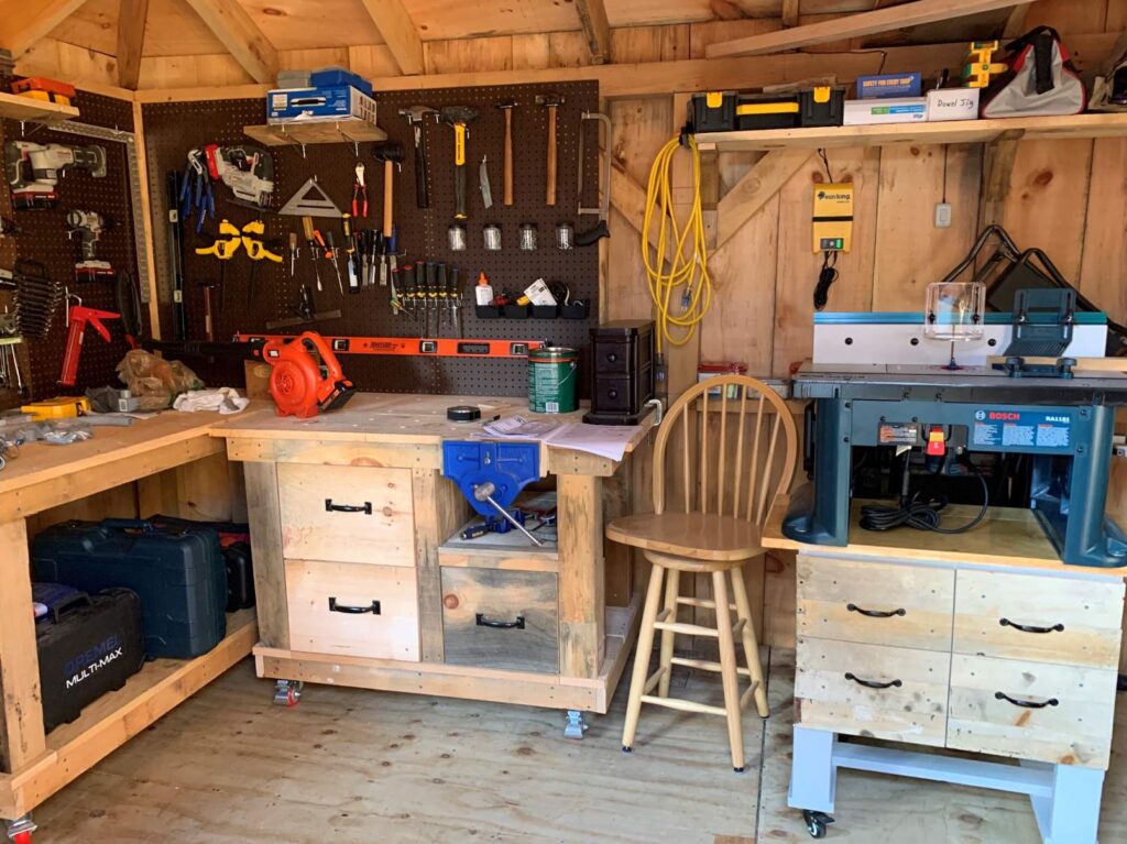 Interior photo of a shed converted into a woodshop