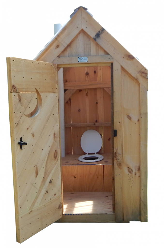 This small outhouse is tiny, yet spacious inside. Take a look at the interior featuring a built in bench with attached toilet seat. 