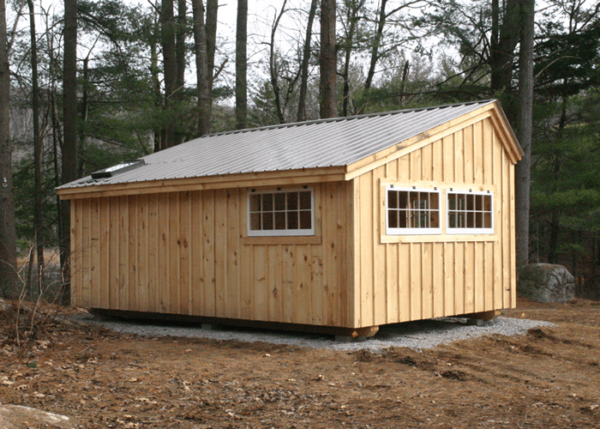 Custom built storage shed on a gravel pad foundation