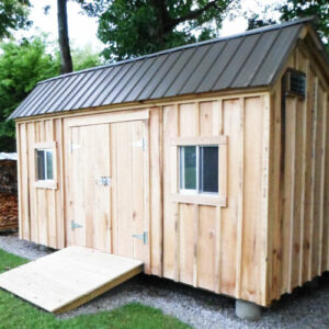 8x16 Saltbox style storage shed with a matte black metal roof.