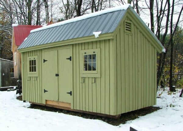 Saltbox Storage Shed painted green with dark gray roof.