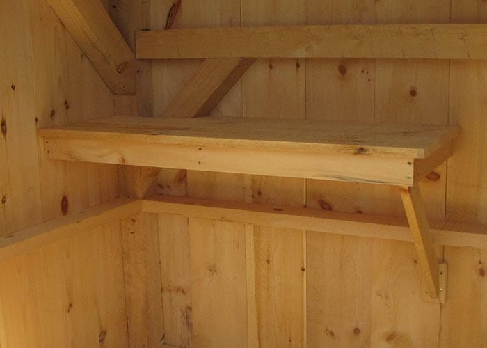 Shelving is a great way to utilize unused vertical space in a storage shed. 