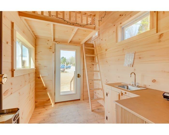 8x16 Cross Gable Tiny House eastern white pine wood interior with insulated doors and windows