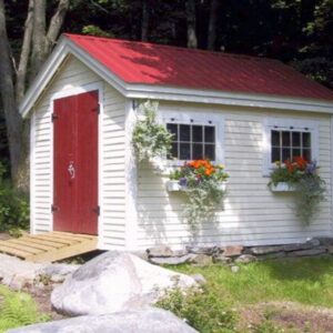 8x12 Gable shed with red roof, clapboard pine siding, red door and flower boxes.