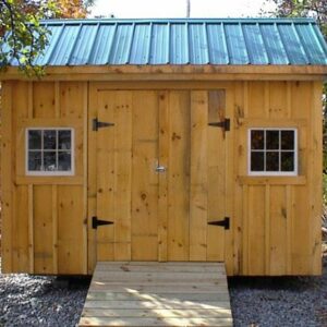10x12 Saltbox shed exterior with double doors and pressure treated ramp