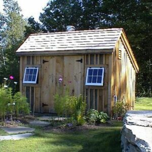 10x12 Saltbox garden shed with red cedar shingle roof