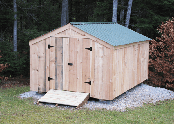 10x14 Vermonter with Evergreen Metal Roof, double doors and ramp