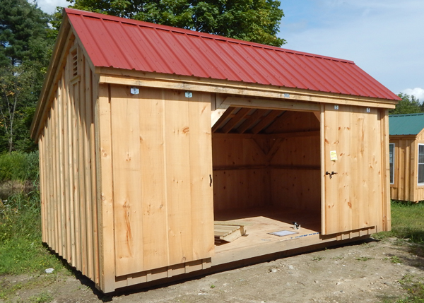10X16 Three Sled Shed with Autumn Red Metal Roof