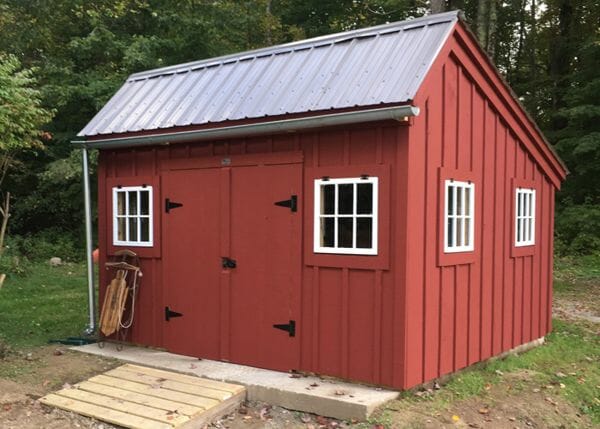 12x12 Saltbox bright red storage shed with extra windows and a charcoal gray roof