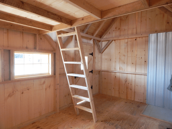 10x16 Harvester cabin interior with loft and ladder