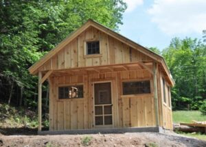 16x20 Vermont Cottage Option C with pine board and batten siding