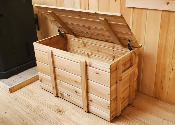This cedar pellet box holds several bags of pellets for your pellet stove.