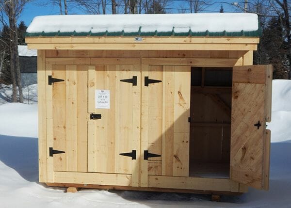 4x10 Garbage Shed with two double doors, evergreen metal roof with overhang and pine board siding