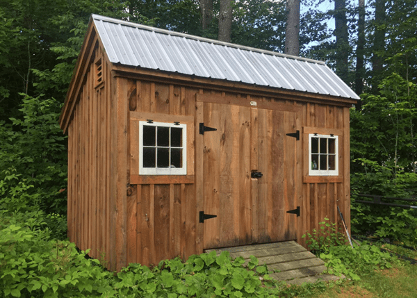 8x12 Saltbox with Ash Gray metal roof and stained siding