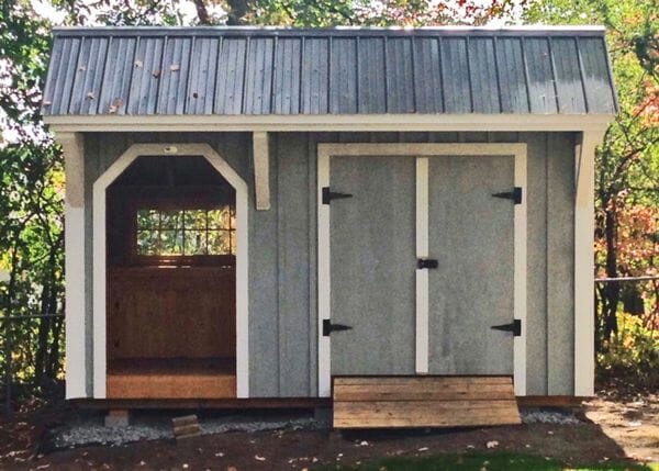 8x14 Weston Potting Shed painted gray with white trim and Charcoal Gray Roof