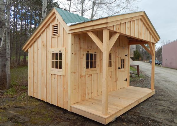 This garden shed comes with a porch.