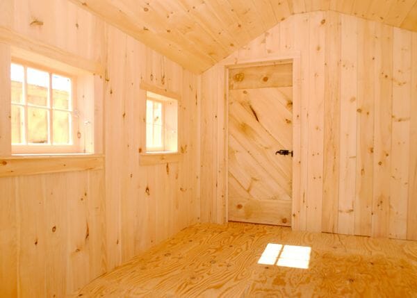 8x18 Heritage shown with shiplap pine interior wall and ceiling sheathing