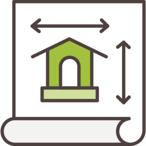 Cartoon image showing a green cottage diagram on a page of DIY cottage plans