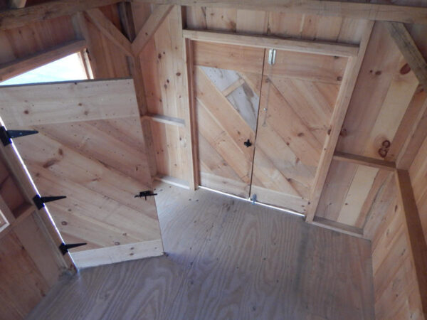 5-0 JCS Built 2" thick Pine Double Doors on 10x16 Hobby House. Interior view. Black Turn Latch.