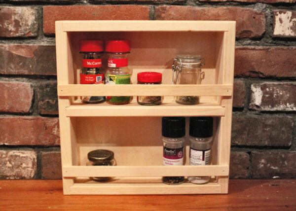 Spice Rack made from high quality Pine is left unfinshed.  Overall dimensions 11.5"Wx12"Hx2.75"D.