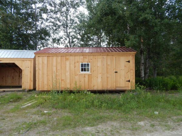 2-8 JCS Built 2" Thick Pine Single Door on 14x20 Barn Garage. Exterior view. Black Turn Latch.