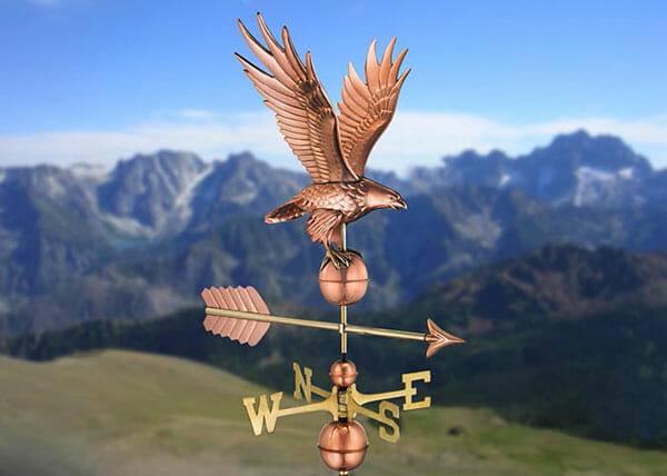 This copper and brass weathervane helps detect the direction the wind is blowing.