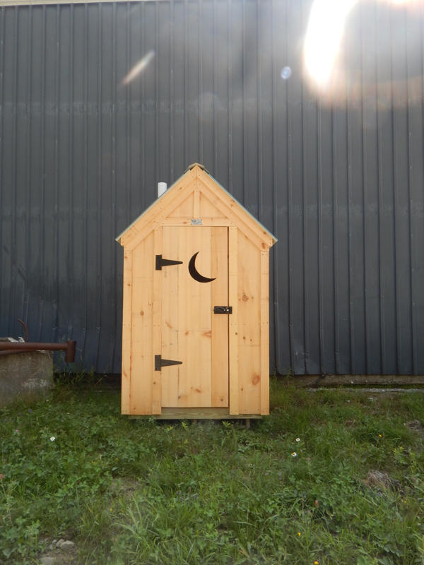 2' JCS Built 2" thick Pine Single Door with Quarter Moon Cutout on 4x4 Working Outhouse.  Exterior view.