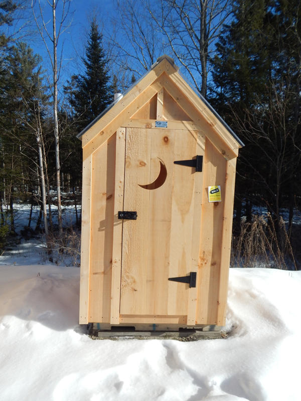 2' JCS Built 2" thick Pine Single Door with Quarter Moon Cutout on 4x4 Working Outhouse.  Exterior view.