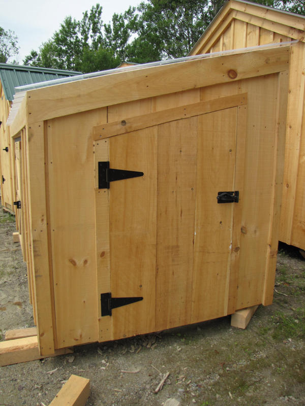 2-8 JCS Built 2" Thick Pine Single Angled Door on 5x10 Chicken Coop. Exterior view. Black Turn Latch.