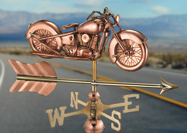 This copper weathervane features a vintage motorcycle with solid brass directionals.