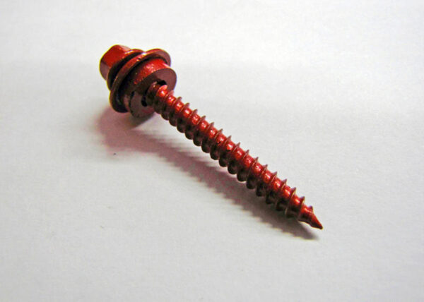 Galvanized Metal Roofing Screw. Painted Autumn Red. 1" long with metal/rubber washer.