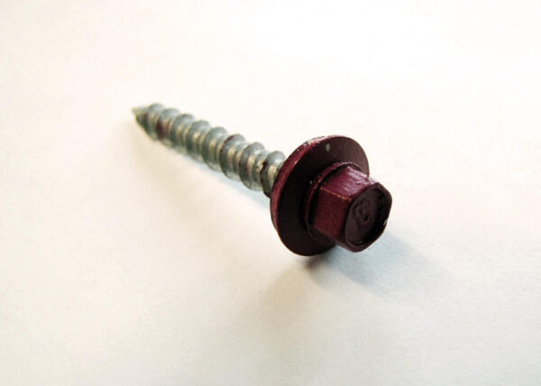 Galvanized Metal Roofing Screw. Painted Brandywine. 1" long with metal/rubber washer.