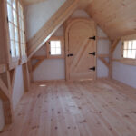3' JCS Built 2" thick Pine Arched Door on 10x20 Smithaven.  Interior view. With Black Turn Latch.