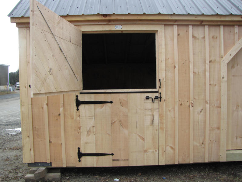 4-0 JCS Built 2" thick Pine Dutch Door on 10x20 Two Stall Barn.  Exterior view. Black Drop Latch and Strap Hinges.