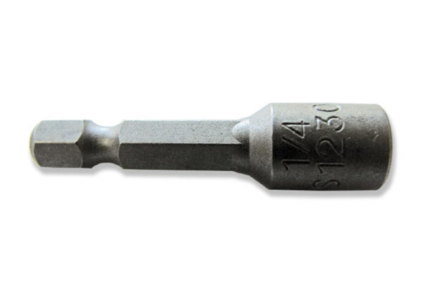 High quality tool steel quarter inch nut driver with magnetic setter.  Sure-grip Hex shank.  Used for Installing metal roofing.