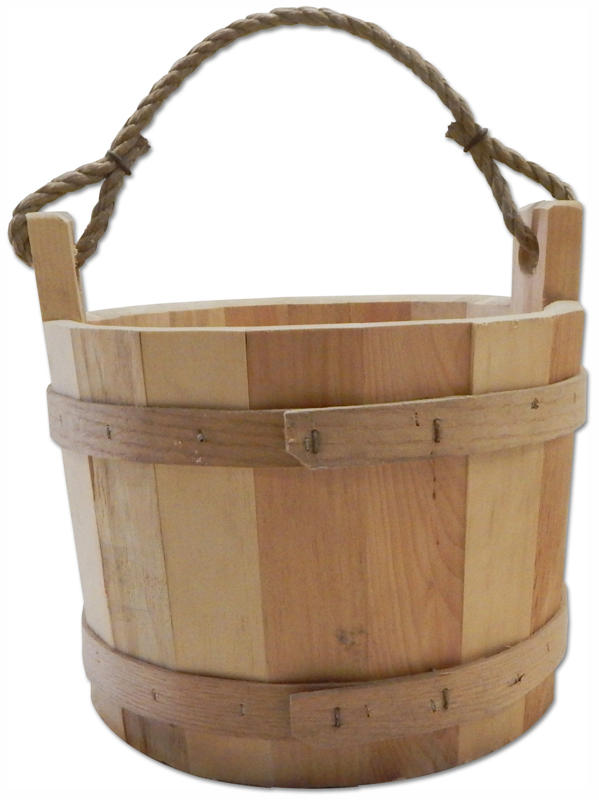 Eastern White Pine wishing well bucket with 10" diameter.  Rustic Rope handle.