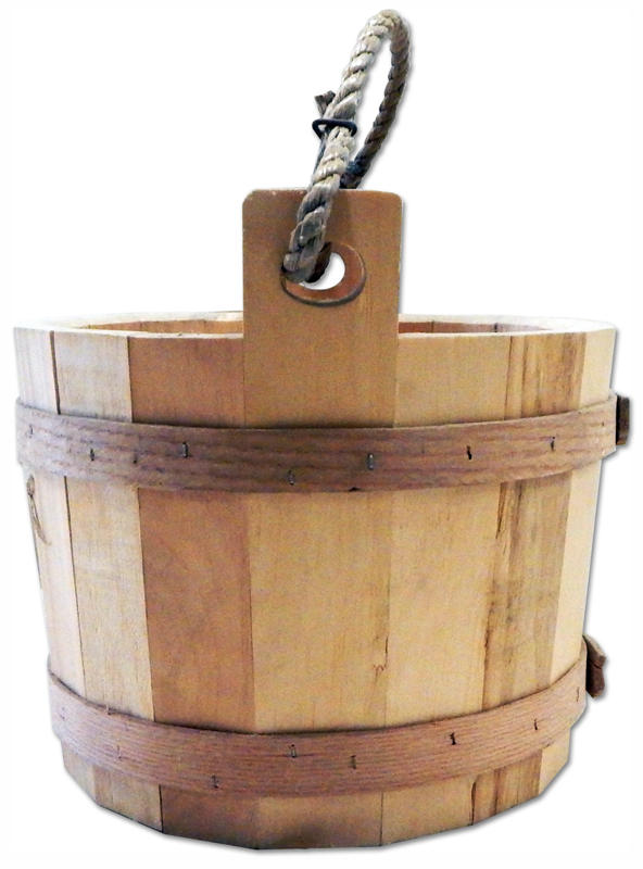 Eastern White Pine wishing well bucket with 10" diameter.  Rustic Rope handle.