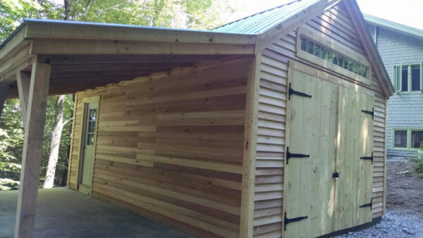 9-0 JCS Built 2" Thick Pine Double Doors with Wrought Iron Strap hinges on 14x20 One Bay Garage.