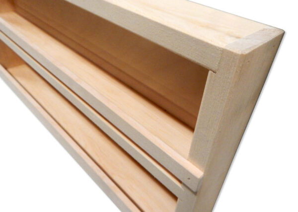 Spice Rack made from high quality Pine is left unfinshed.  Overall dimensions 24"Wx12"Hx2.75"D.