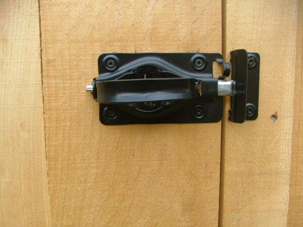 Steel door handle finished with black, satin enamel.  Turn latch adjustable to most door thicknesses.