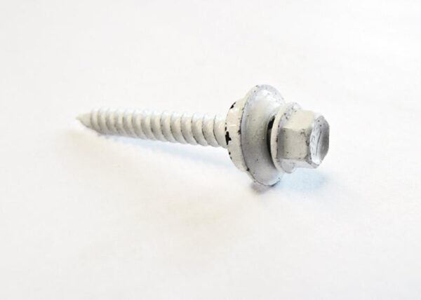 Galvanized Metal Roofing Screw. Painted White. 1" long with metal/rubber washer.