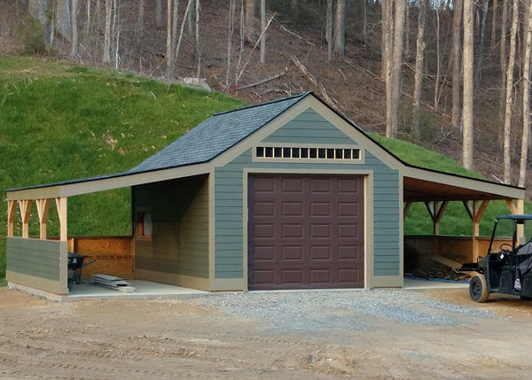 14x20 One Bay Garage Storage Barn with Overhang Add-Ons and Asphalt Shingles