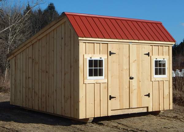 12x16 Storage Shed with an Autumn Red metal roof, double doors and two windows.