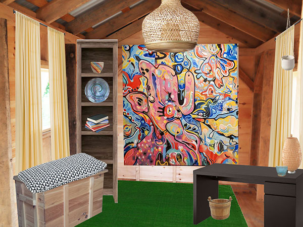 A Garden Shed can be converted into a backyard office like this artsy setting. Painting by Mindy Fisher and ceramics by Rising Forest Pottery. 