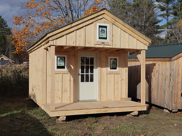 A 9-lite insulated steel door, three double pane insulated windows and pine board and batten siding are included with the four-season Bunkhouse.