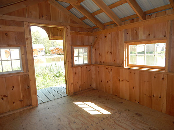 10x14 Pond House interior with extra barn sash windows