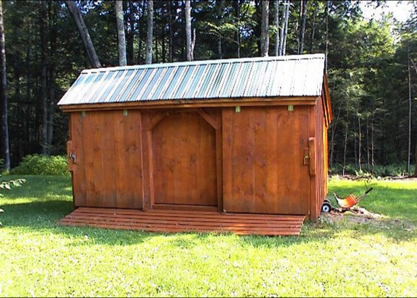 10x16 Three Sled Shed shown with stain